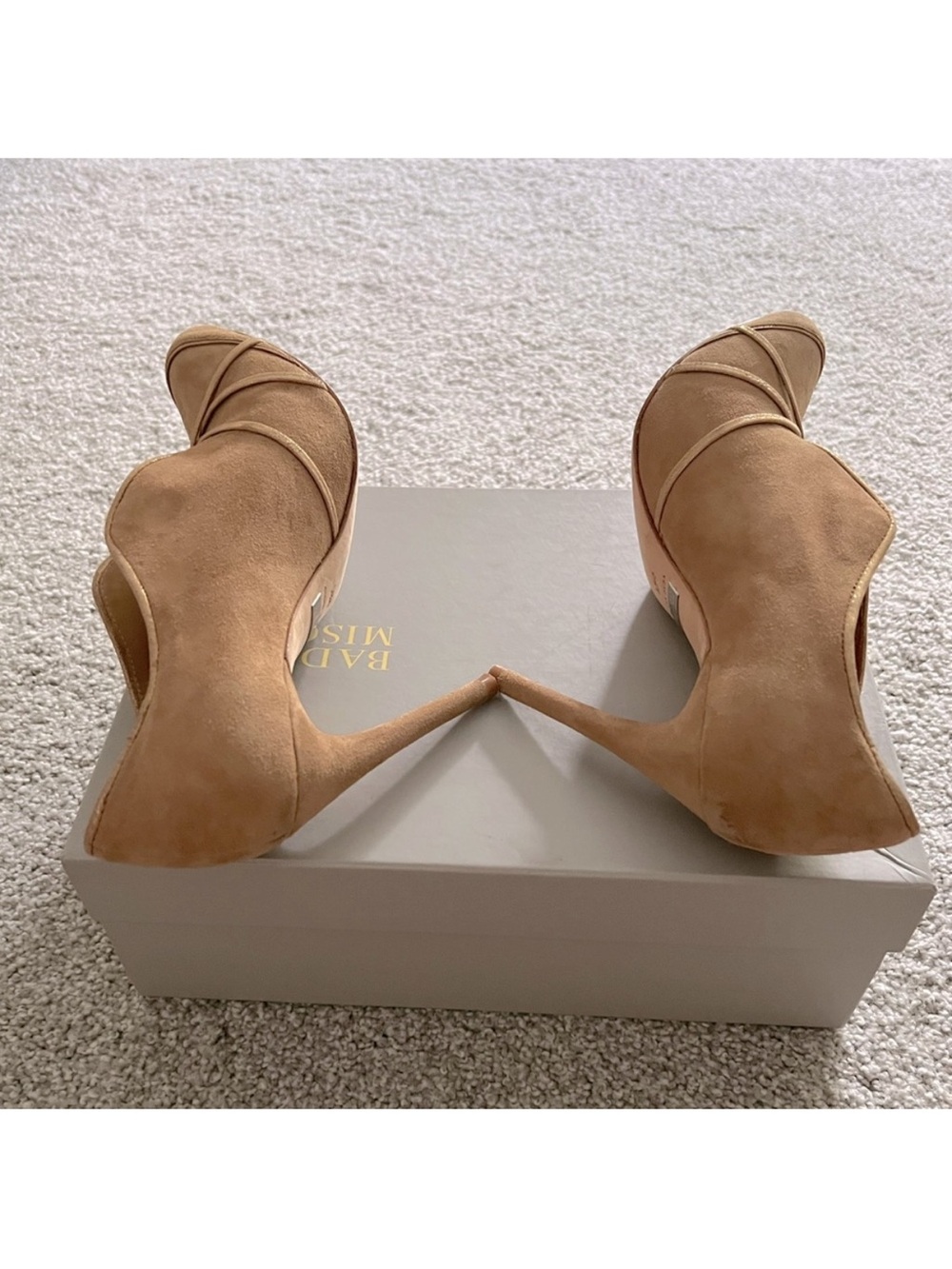 Badgley Mischka Tan Suede Sculpted V-Cut Stiletto Booties - Picture 5 of 6